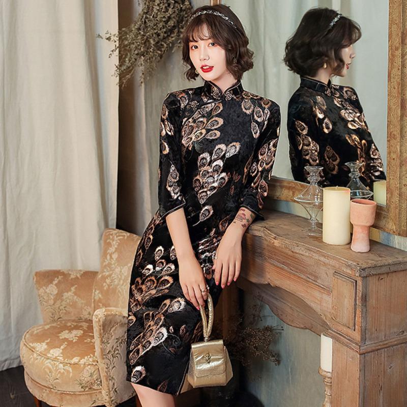 Damen Retro Druck Cheongsam Kleid Mode Samt Chinesischer Stil Stehkragen Halbe Ärmel