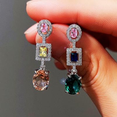 Luxury Female Long Drop Earrings With Aaa Zircon Vintage Silver Color Wedding Earrings For Women Pink Blue Green Stone Earrings