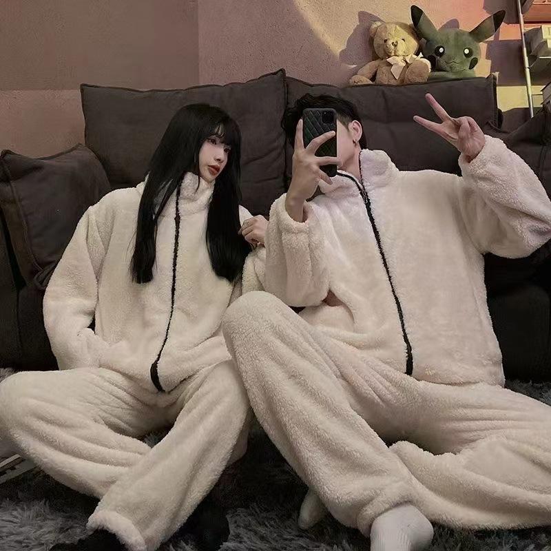 Polka Dot Coral Fleece Couple Pajamas Set Winter Zipper Flannel Men'S Loose Casual Loungewear Girls