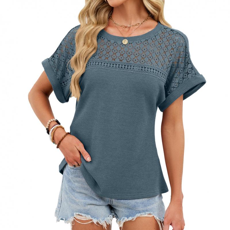 2026 Spring/Summer New Round Neck Lace Trim Loose Short Sleeve T-Shirt for Women