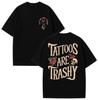 Tattoos Are Trashy Skull Rose Vintage Double Sided Graphic Black Cotton T-Shirt