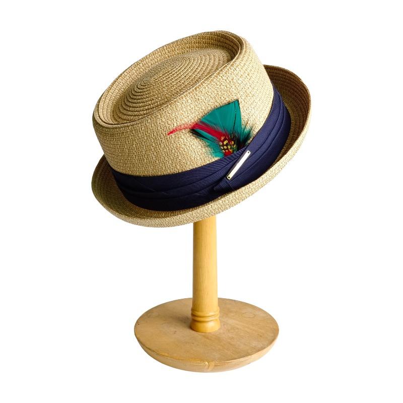 Damen Schweinekuchenhut Vintage Britischer Trilby Strohhut Fedora Atmungsaktiv Strand Sonnenhut Handgewebter Stroh Herren Panama Hut Kubanischer 56-58cm beige