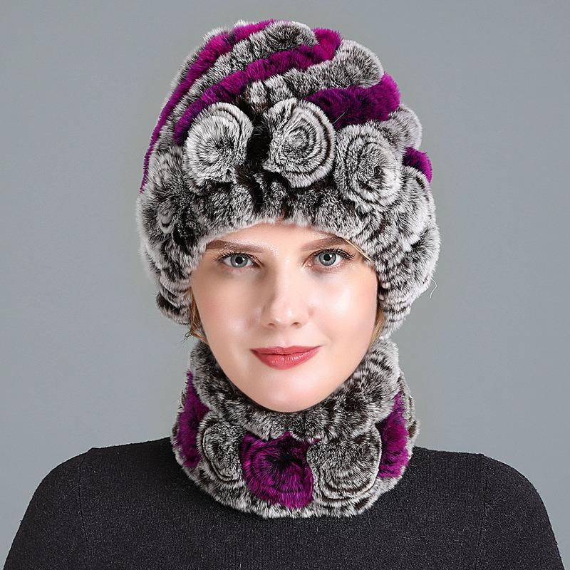 New High-quality Rex Rabbit Fur Accessories Autumn and Winter Women's Versatile Warm Hat Scarf Two-piece Set
