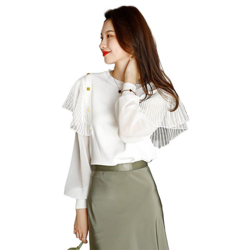 Women's Chic Chiffon Blouse - Autumn 2025 Round Neck, Ruffle Puff Sleeves, Patchwork Design, Small Size, A391.
