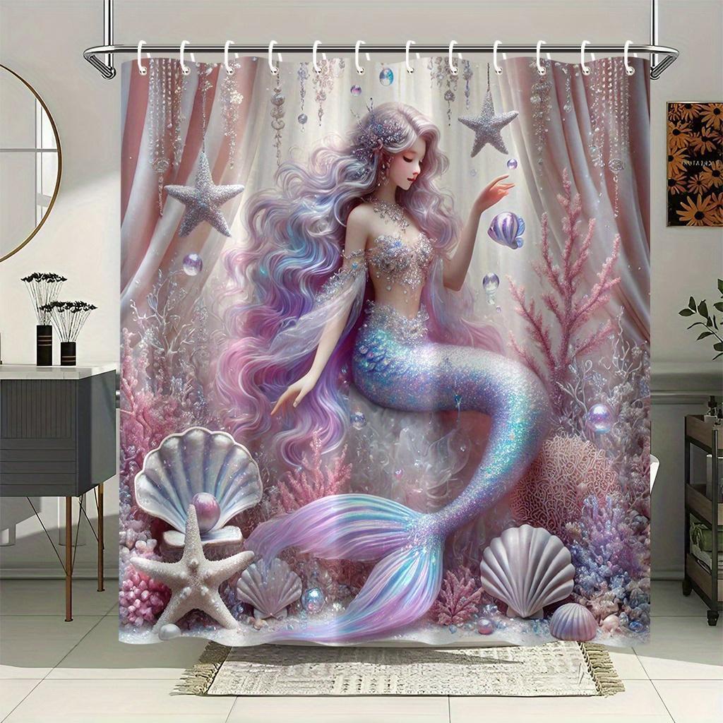 

Fantasy Mermaid Shower Curtain Waterproof Easy To Clean Privacy Protection Print Magical Ocean Design Dreamy Pink Purple Art W60H190(CM)-1 Pcs