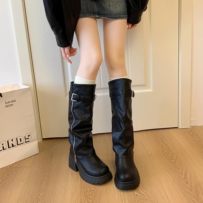 Fashion Winter Women Biker Boots Fashion Belt Buckle Ladies Elegant Platform Long Pipe Booties Casual Women's Knee High Booties