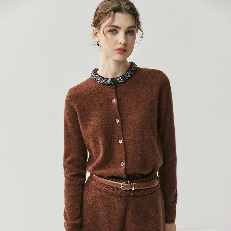 Women's Cashmere Round Neck Knit Cardigan - 2026 Autumn/Winter Wool Sweater Coat, Versatile and Fashionable.