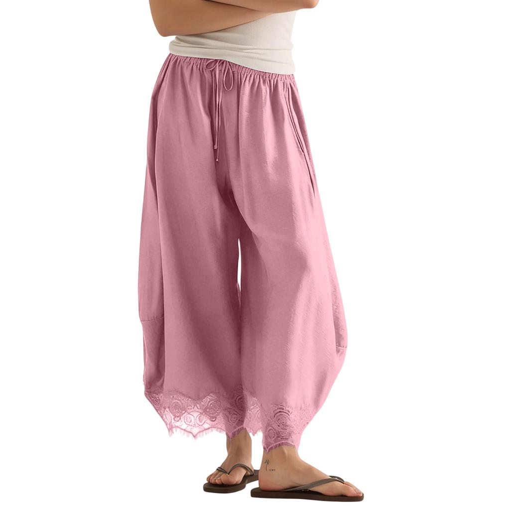 Women's Casual Wide Leg Pants Elastic Waistband Drawstring Bottom Hem Lace Trim Palazzo Trousers for Everyday Wear