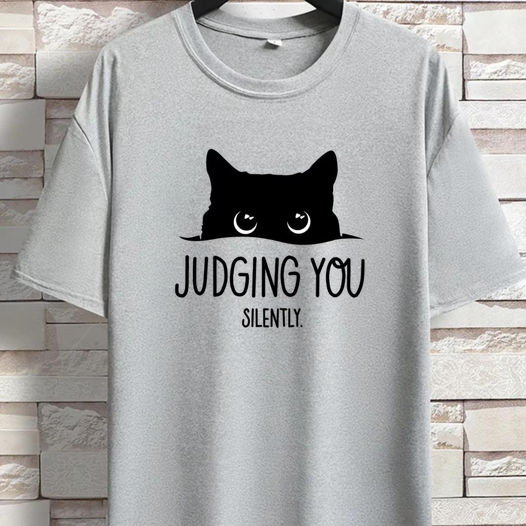 2025 Summer 100 Pure Cotton Fashionable Casual Loose Sporty YOU SILENT Cat Print Round-neck Short-sleeved T-shirt Top Neutral