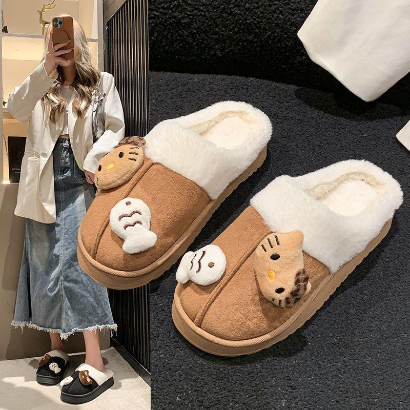 Warm and comfortable non-slip fluffy slippers cute cartoon kitten thick-bottomed cotton slippers 2025 autumn and winter new