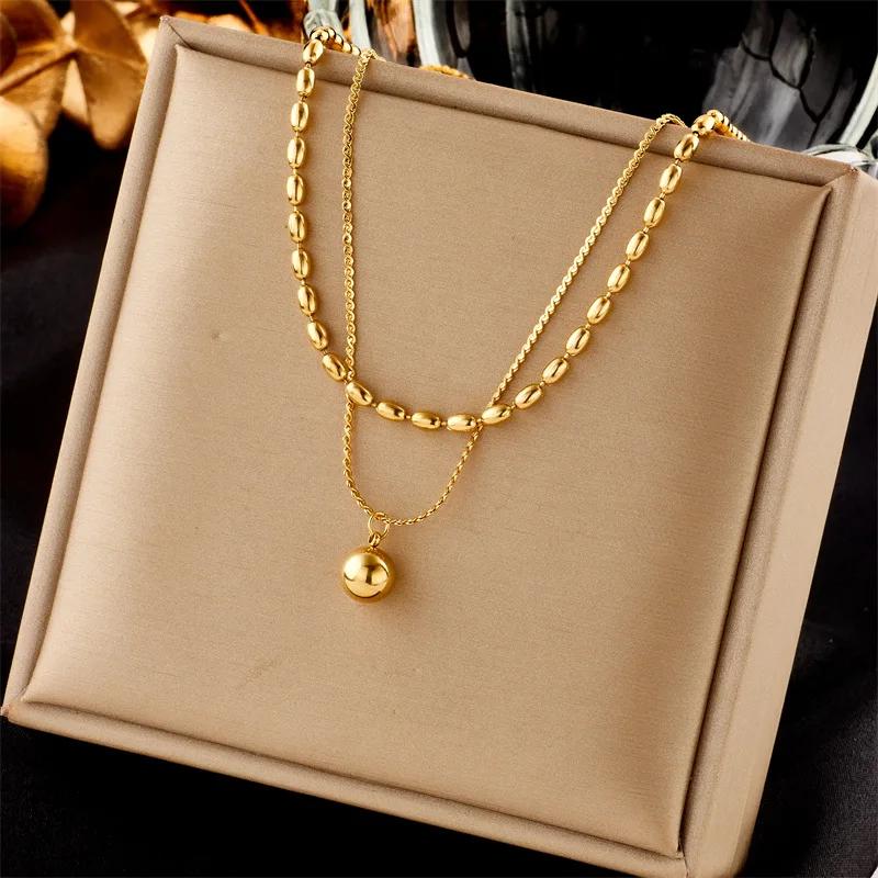 Vintage Gold PVD Plated Titanium Steel Double Layer Ball Bead Choker Necklace For Women Non Tarnish