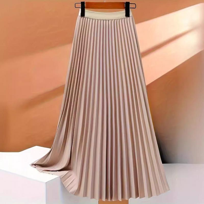Women's Boho Satin Metallic Pleated Skirts Elastic High Waist Flowy A Line Skirt High Elastic Waist Pleated Chiffon Skirt Midi Swing A-line Skirts