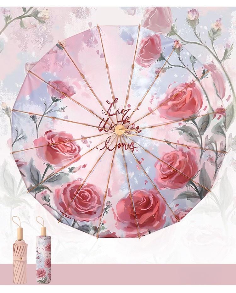New Advanced Mist Rose 16 Bone Color Glue Umbrella Folding Sun Rain Dual Use Women'S Parasol Sun Protection And Uv Protection