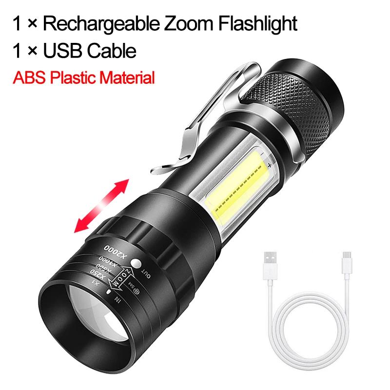 Portable Mini LED Flashlight 3 Modes USB Rechargeable Zoom Torch Strong Light Outdoor Camping COB Lamp Waterproof Flashlights