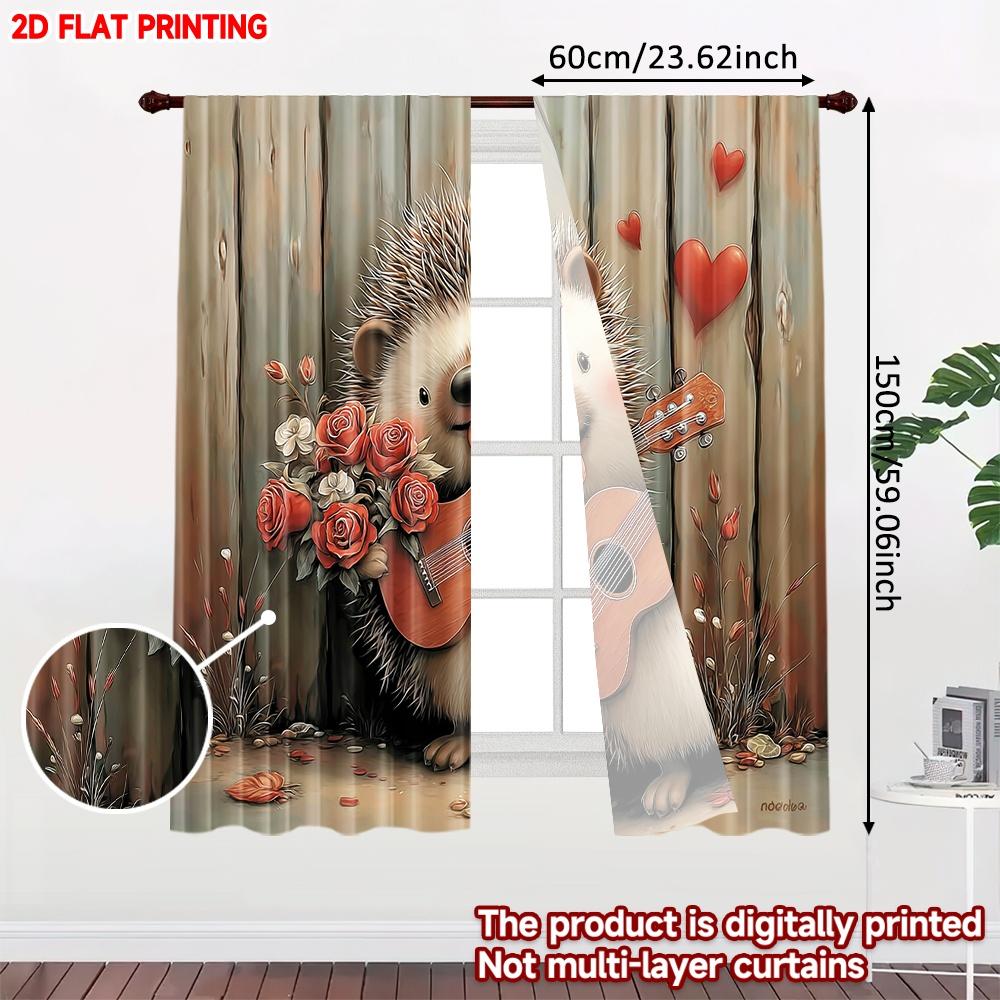 Hedgehog Guitar Curtains Flat Digital Print Blushing Animal Playing Music Red Roses Cozy Living Room Decor Set Of 2 Made Polyester Area