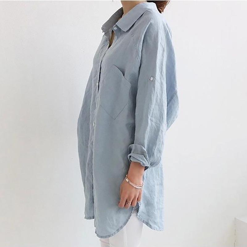 Loose Plus Size Long Sleeve Shirt Style Casual Dress For Women S синий