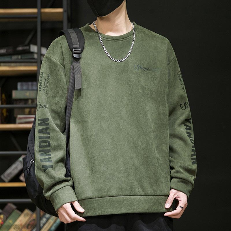 גופיות גברים אמריקאיות צווארון עגול בד רך איכותי עמיד בפני קמטים סגנון רחוב ספורט קז'ואל נושם רפוי טרנד אופנתי נוח שרוולים ארוכים