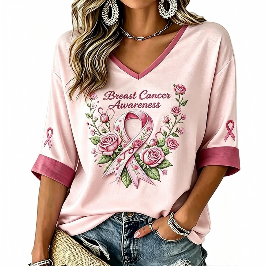 Women's V-neck anti-breast-cancer printed summer lightweight top