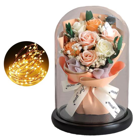 Artificial Rose Bouquet with LED Light Glass Dome Cover Eternal Flower Decoration Women Wife Girlfriend Anniversary Valentine's Day Mother's Day Gift