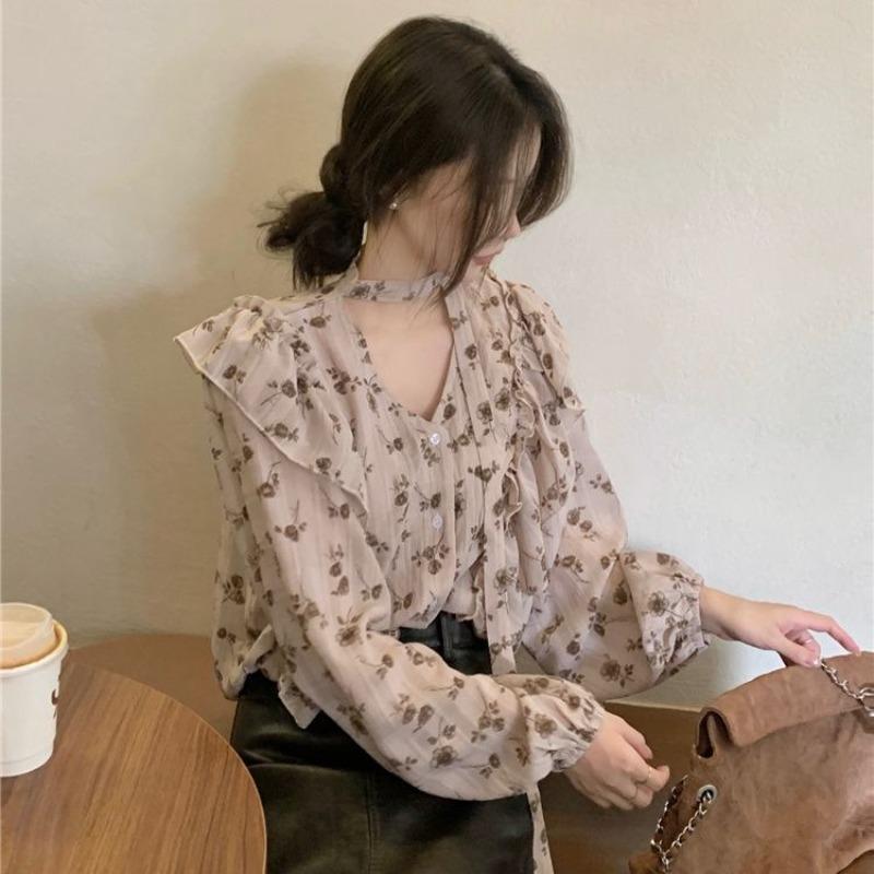 Lace Up Ruffle Edge Floral Shirt Women's Long Sleeve V-neck Female's Single Breaste Blouse French Gentle Lady's Chic Top