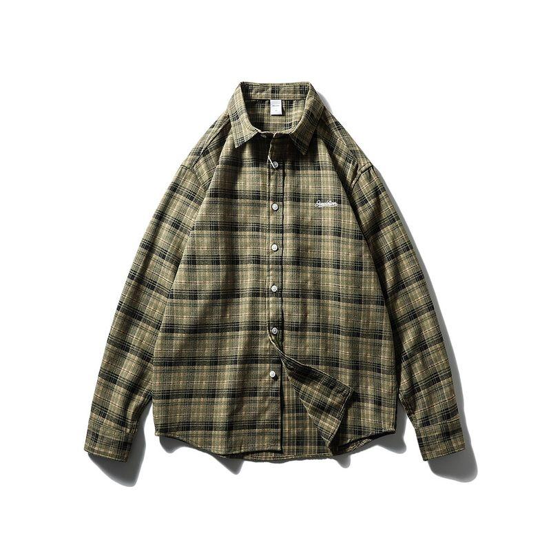 American Retro Brushed Plaid Shirt Men's Long-Sleeved Spring and Autumn Jacket Foreign Trade Men's Casual Inner Layering Shirt