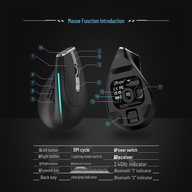 ZELOTES Master F36 Vertical Ergonomic Mouse: Three-Mode Bluetooth, Rechargeable, Programmable