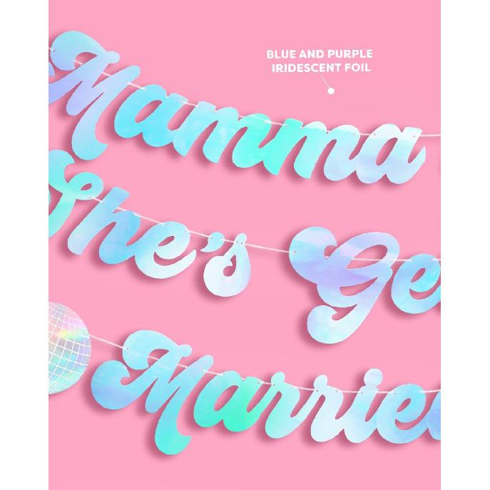 xo, Fetti Mamma Mia She's Getting Married Banner - Blue Iridescent Foil, 5 Ft. | Disco Bachelorette Decorations, 70s Backdrop, Groovy Bach Party,