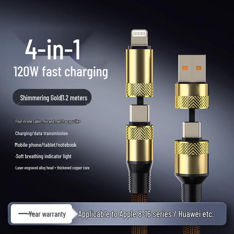 120W Schnelllade 4-in-1 Geflochtenes Datenkabel mit LED-Anzeige für Mobiltelefone