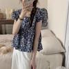 Top Women's Chiffon French Bubble Sleeve Short Sleeve Short Shirt Summer Navel Breaking Flower Sleeve Shirt