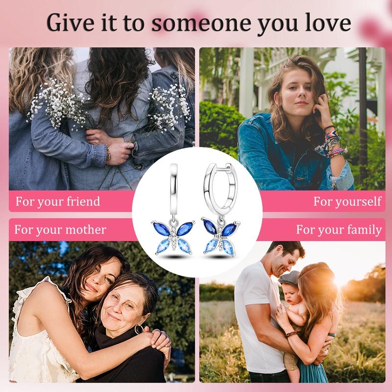 Original Butterfly Hoop Earrings for Women Sparkling Pave Colorful Zircon Blue Pink Purple Heart Wedding Drop Earring