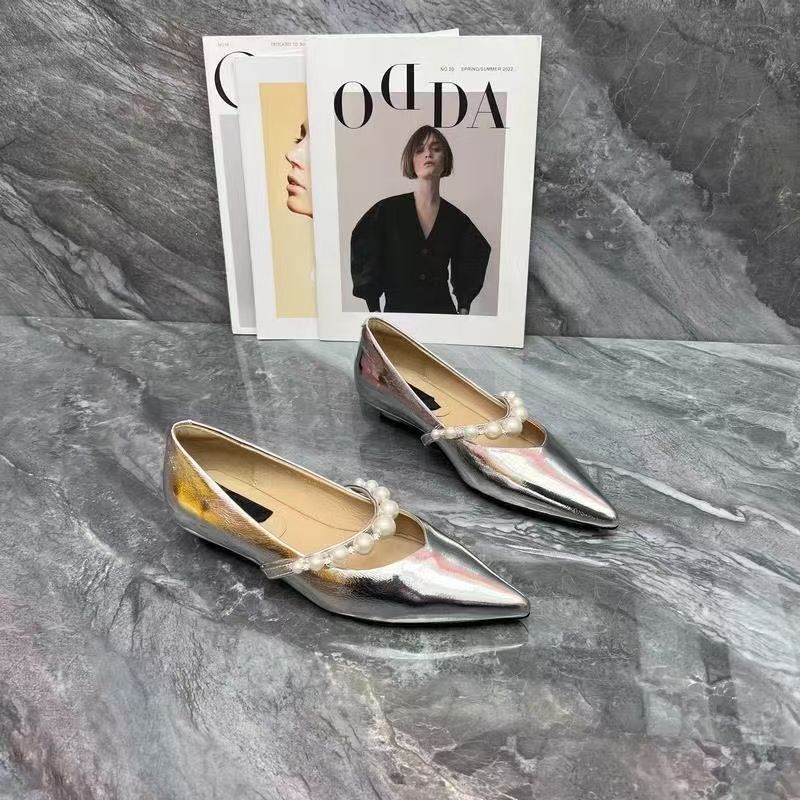 Fashion wedge heel European pointed pearl one-word belt women's shoes light mouth single shoes versatile flat heel lazy shoes 2025 spring