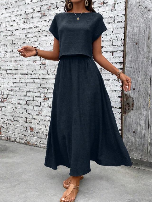 2026 summer fashion casual European and American cross-border 2-piece set women's solid color short-sleeved top and casual A-shaped skirt set