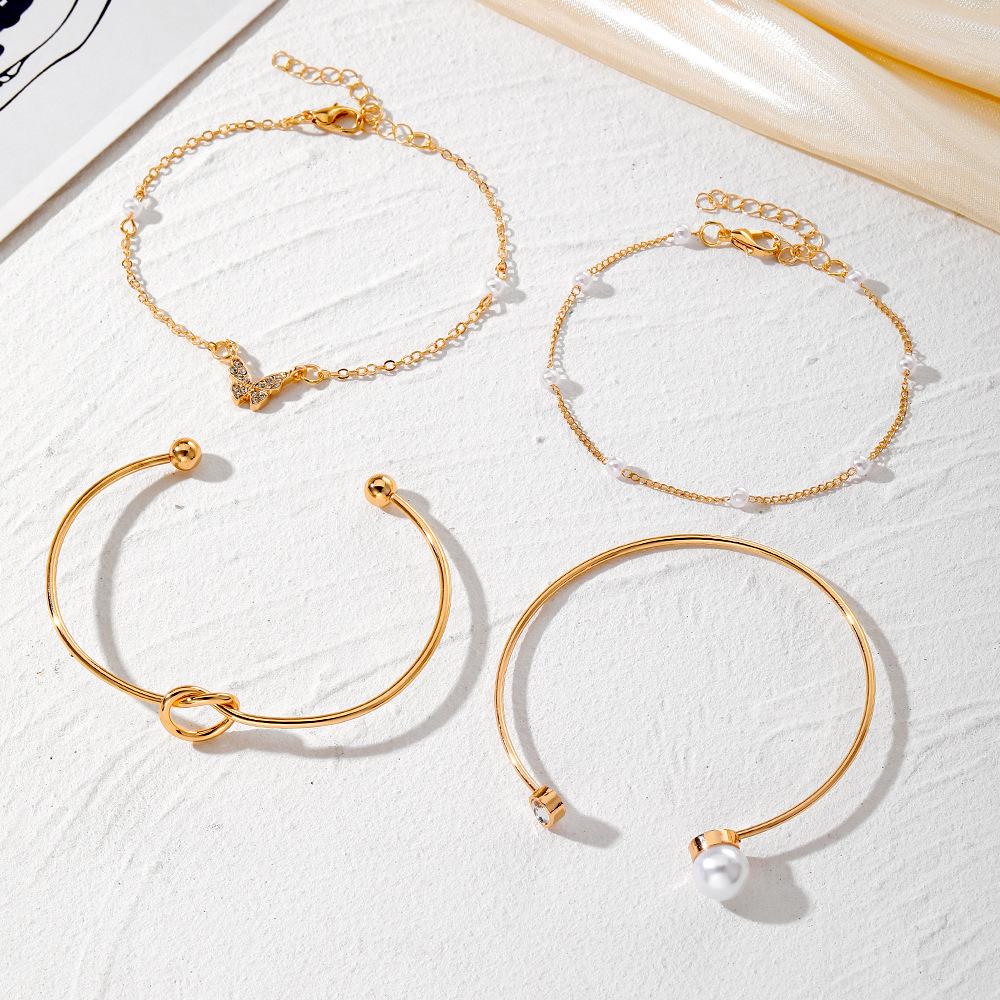 4Pcs/Set Trendy Individuality Open Mouth Bracelet Set for Women Zircon Gold Color Butterfly Pearl Open Cuff Bangle Girls Jewelry