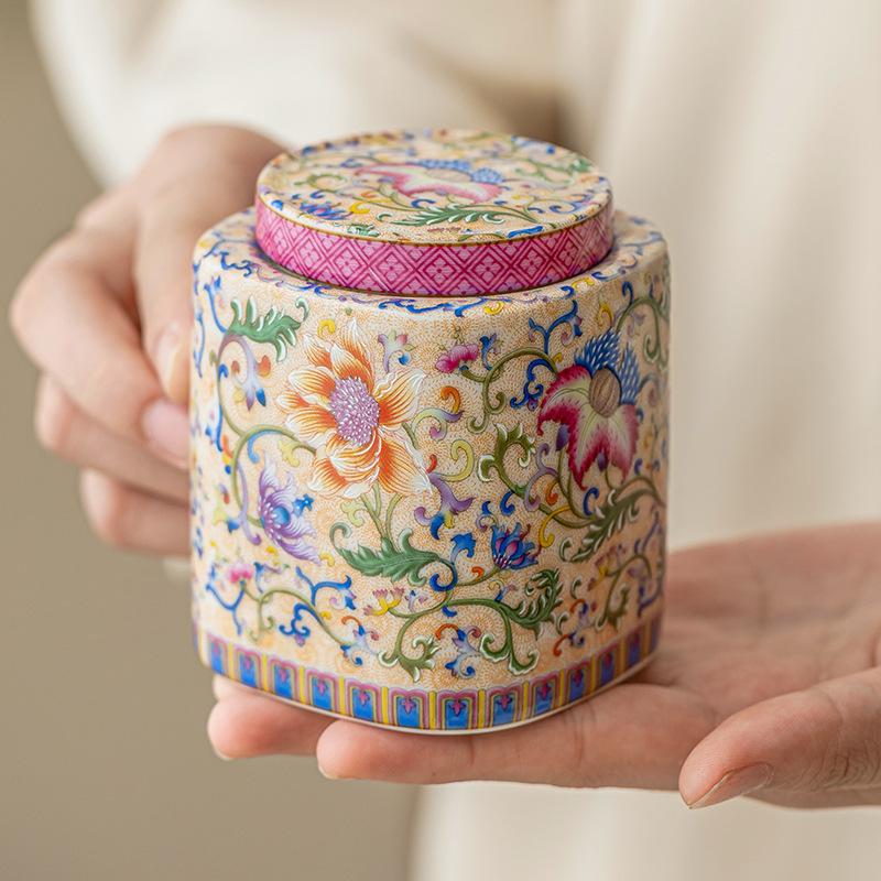 Enamel Color Ceramic Tea Pot Flower Sealed Moisture-proof Pot Chinese Ceramic Tea Storage Tank Home Decoration Ornaments