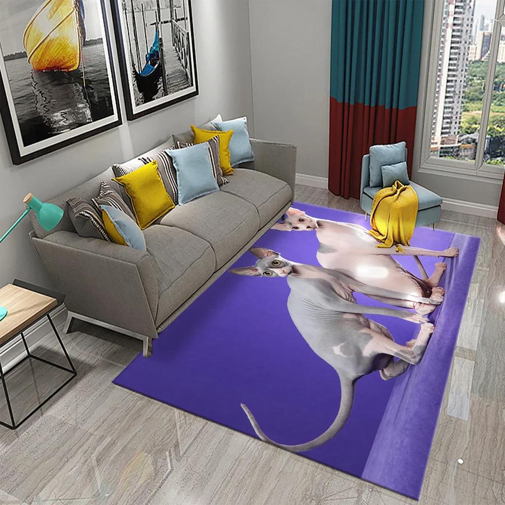 3D Sphynx Cat Carpet Cute Hairless Cat Rugs for Children's Bedroom Living Room Decor Carpet Kitchen Bathroom Non-Slip Area Mats