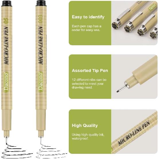 Micro Fineliner Drawing Art Pens, Black Art Pens for Drawing, 12 Size Waterproof Pen for Artists Sketching, Illustration, Watercolor, Calligraphy,