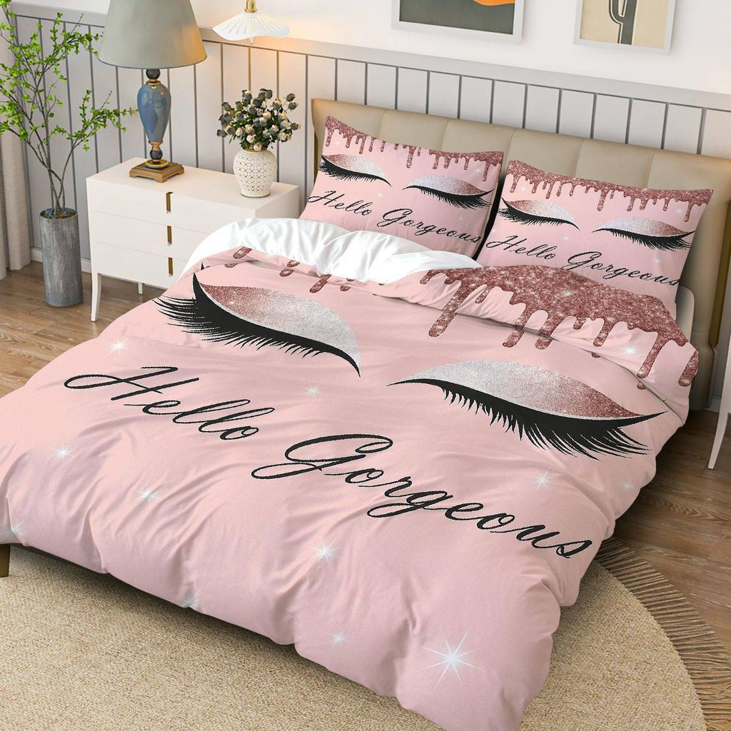 3pcs Bedding Including 1 Duvet And 2 Pillowcases (Filler Not Included), Featuring a Glamorous Eyelash Sparkle Makeup Theme, Perfect for Vale