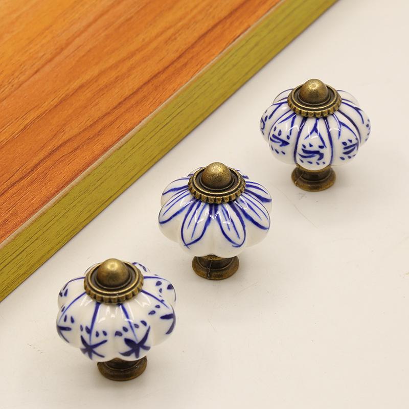 Hand-Painted Pastoral Blue and White Ceramic Pumpkin Drawer Pull