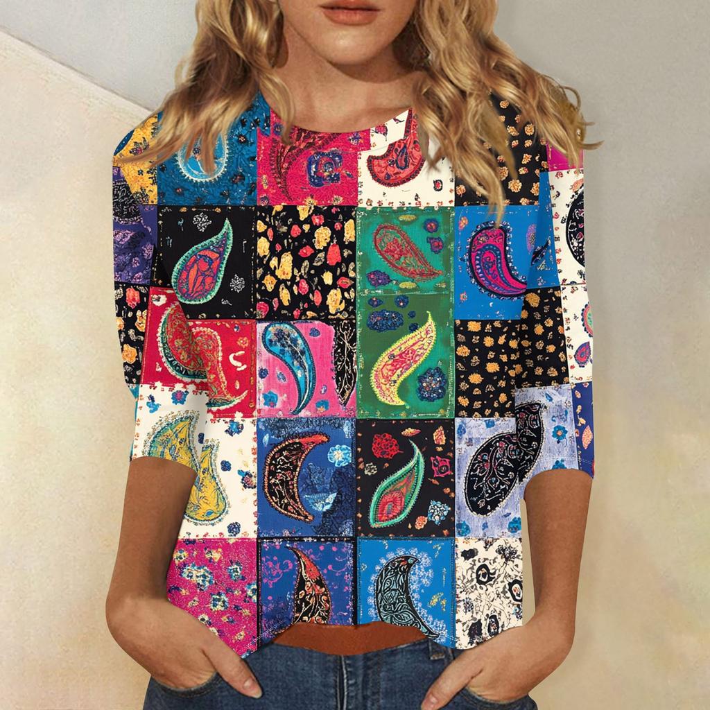 Women's Fashion Casual Three-quarter Sleeve Vintage Floral Print Round Neck Top