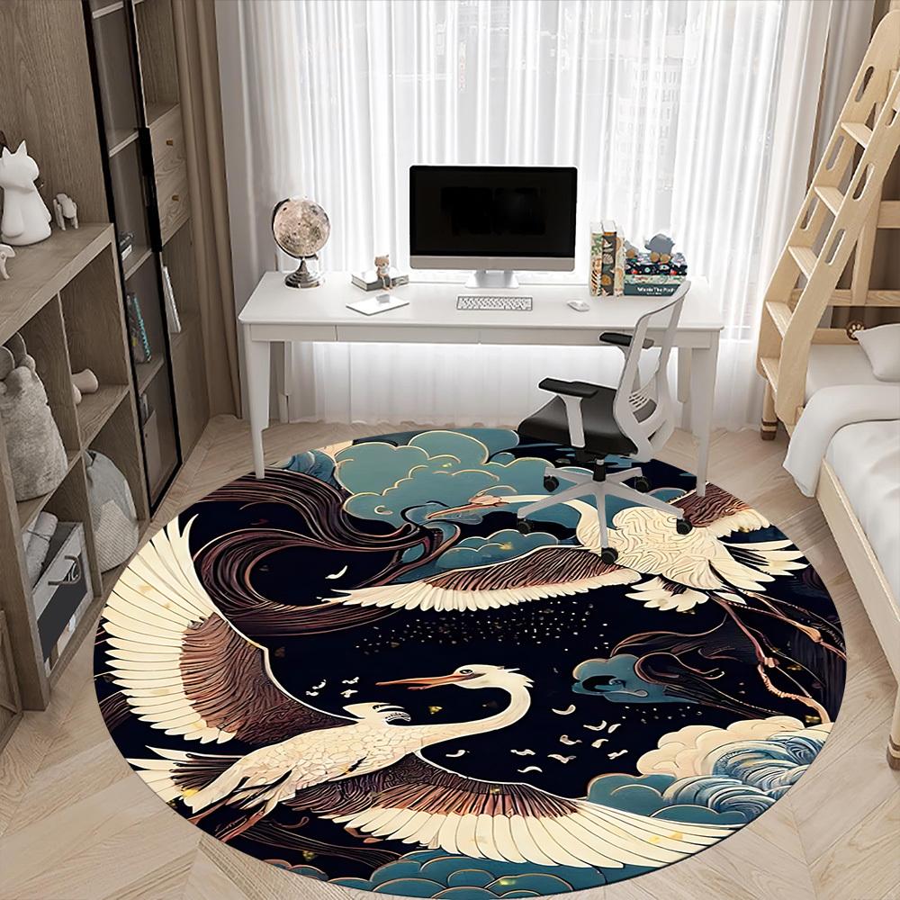1pc Cranes Night Sky Office Round Area Rug, Under Office Chairs Bedroom Living Room Home Decor, Room Deco