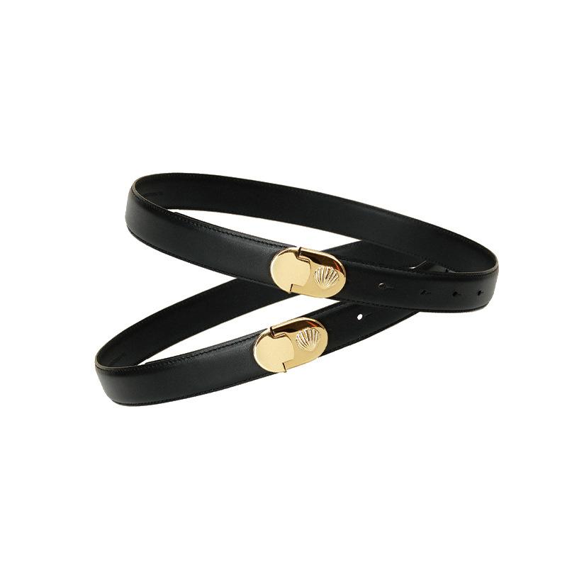 

Golden Shell Black Fresh Leather Cowhide Wide Niche Belt Alloy Button Head Simple Wind Women s Belt 100cm чорний