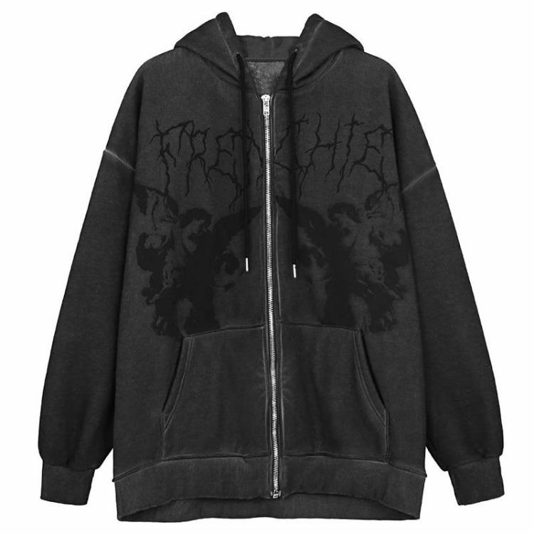 Y2K Harajuku Gotik Melek Koyu Baskılı Hip Hop Sokak Giyim Kapüşonlu Fermuarlı Ceket Kaban Kadın Erkek Unisex Kapüşonlular Üst Giyim