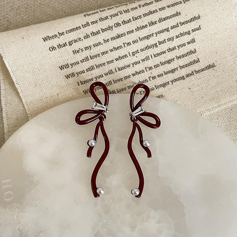 

Ankola Ballet Style Red Ribbon Bow Pearl Zircon Earrings