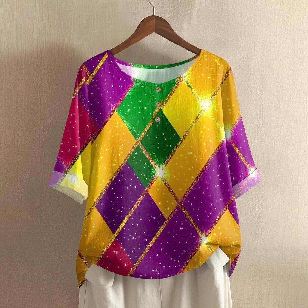 Women's Fashionable And Casual Shirt Half-sleeve Round Neck Cotton And Linen Blouse Top