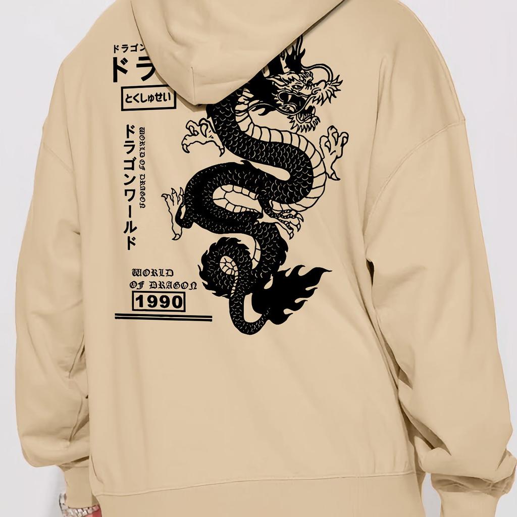 Men's long-sleeved hoodie with geometric dragon patterns machine-washable men's casual sweatshirt high-quality top