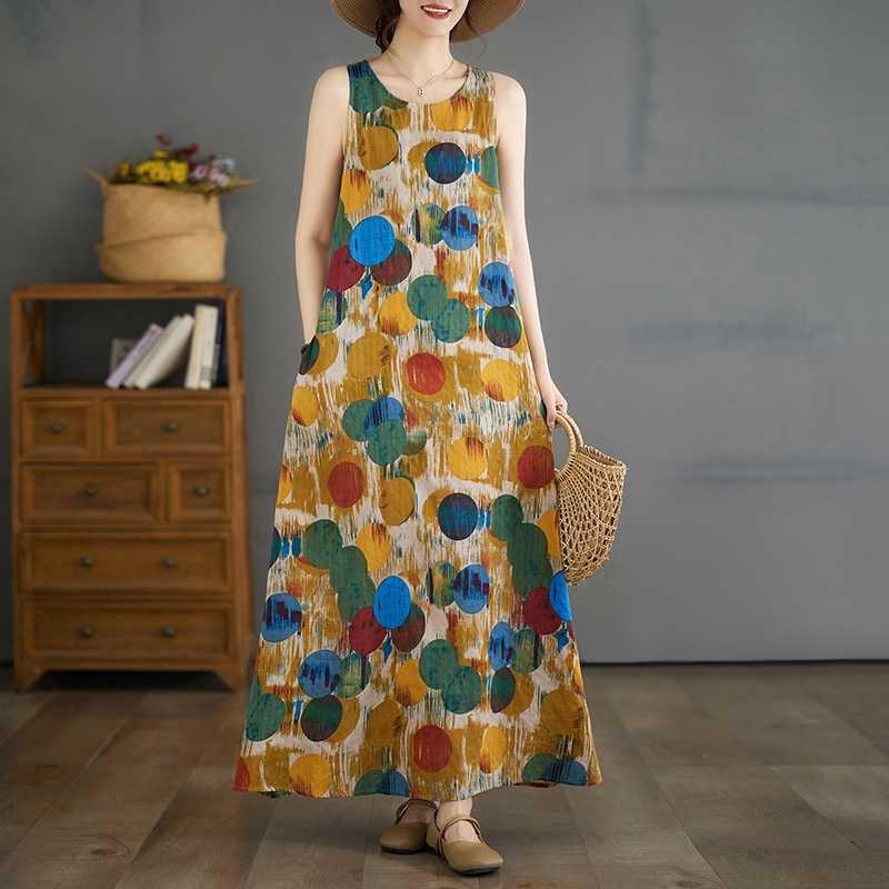 New Long Dresses Summer New Plus Size Sleeveless Round Neck Printed Dresses