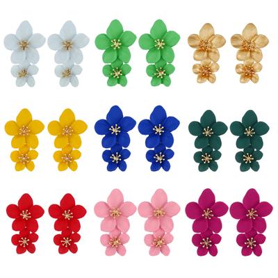 Sweet Women Solid Color Dual Flower Long Dangle Stud Earrings Party Jewelry