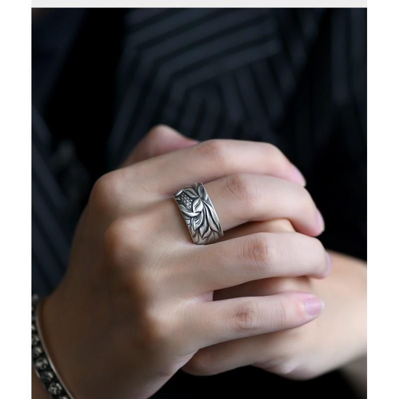 Adjustable Open Ring Men Women Vintage Floral Lotus Design Plated Geometric Band Unisex Fashion Jewelry
