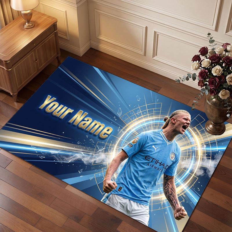 Erling Haaland Custom Crystal Velvet Rug, Personalized Name Text Print, Football Logo Soft Non‑Slip Floor Mat Home Decor Gift