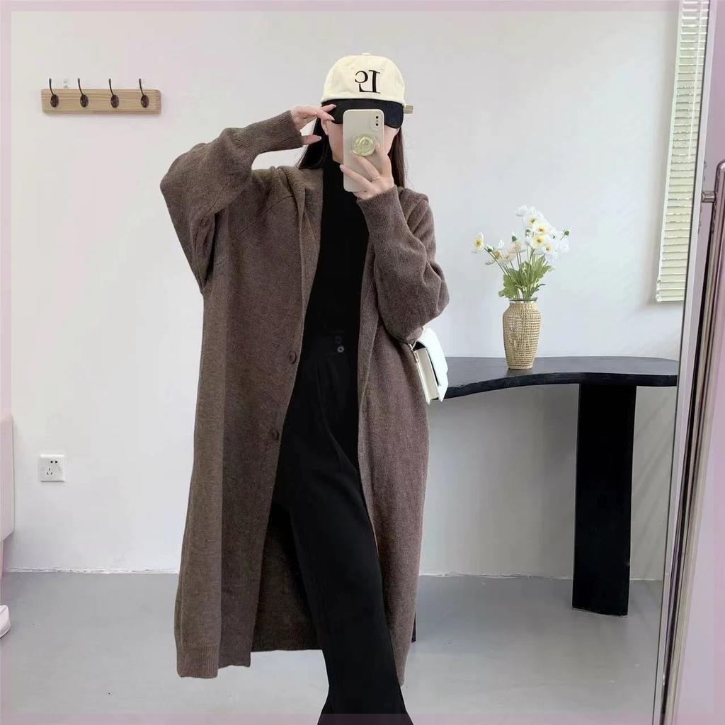 Large size cardigan simple and versatile lazy style soft waxy medium and long hooded sweater jacket women's new autumn and winter models